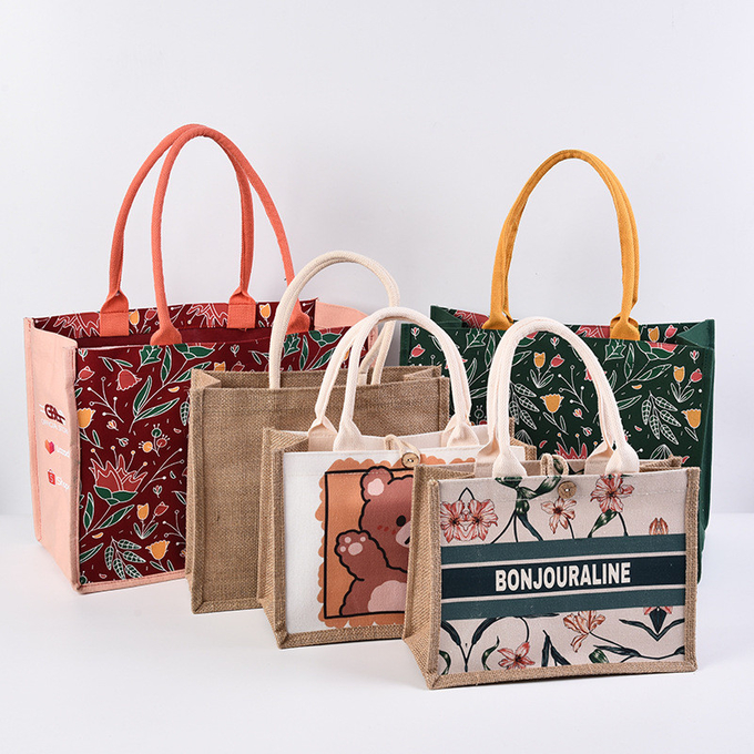 Personalized Natural Canvas Printed Jute Bags Burlap Tote Bag 0