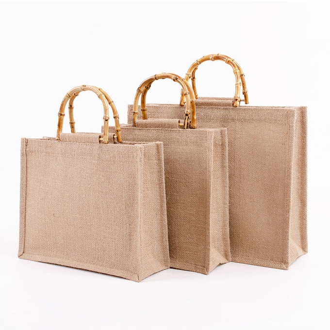 Natural Handmade Jute Bags Tote Eco Friendly Hessian Shopping Bags 0