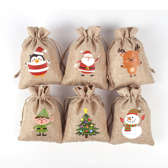 Personalised Christmas Small Gift Burlap Drawstring Pouch Jute Bags 0